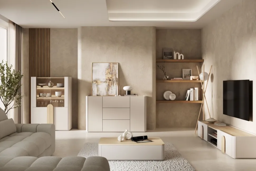 AMILIO RTV 220 1K1SZ - cashmere / dąb olejowany / uchwyty dąb jasny