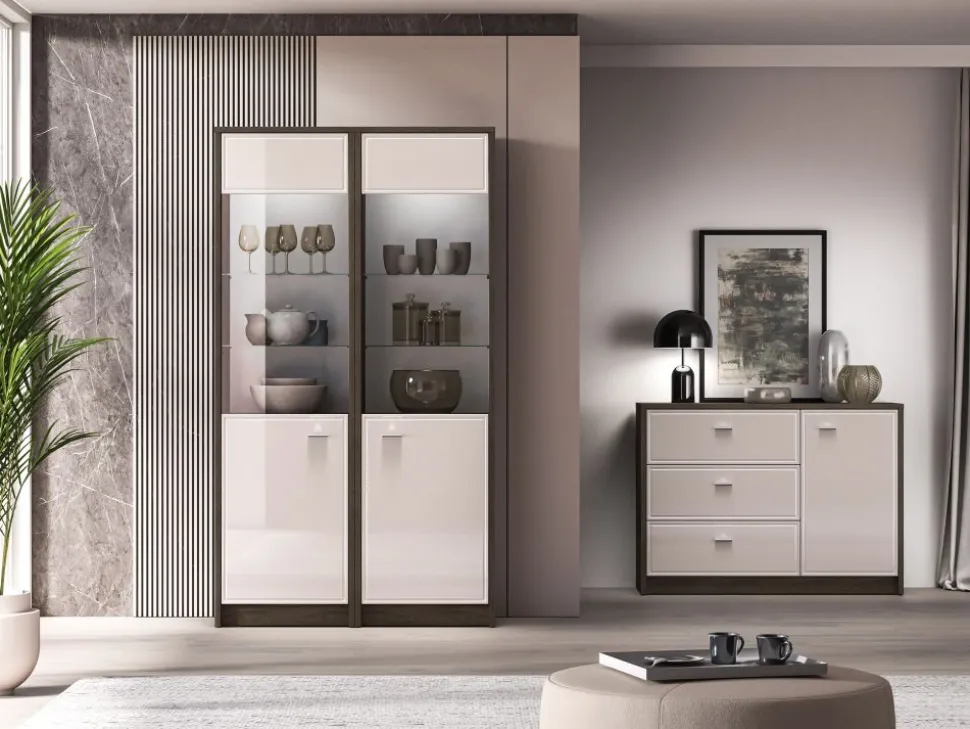 Avante 02 dąb windmill / MDF cashmere połysk - witryna 1DL/P