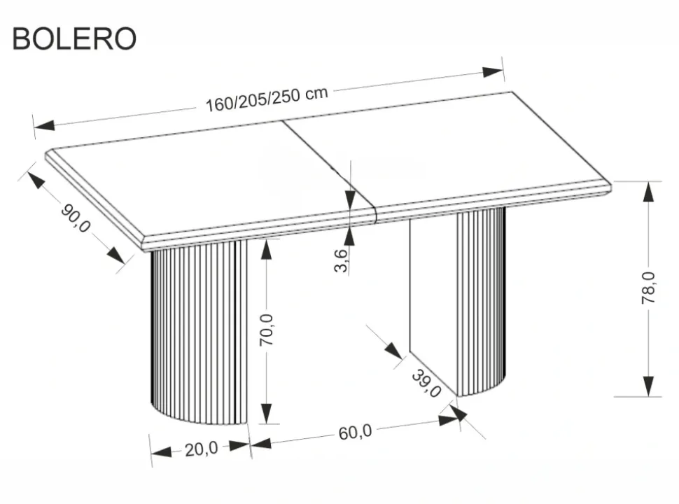 BOLERO stół rozkładany 160-250x90x78 cm dąb naturalny/czarny (3p=1szt)1 sztuka