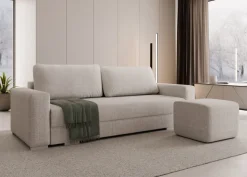 Duża sofa rozkładana z poduchami z pufą kolor jasnoszary z domieszką beżu Hauss Hermes Cremona 04