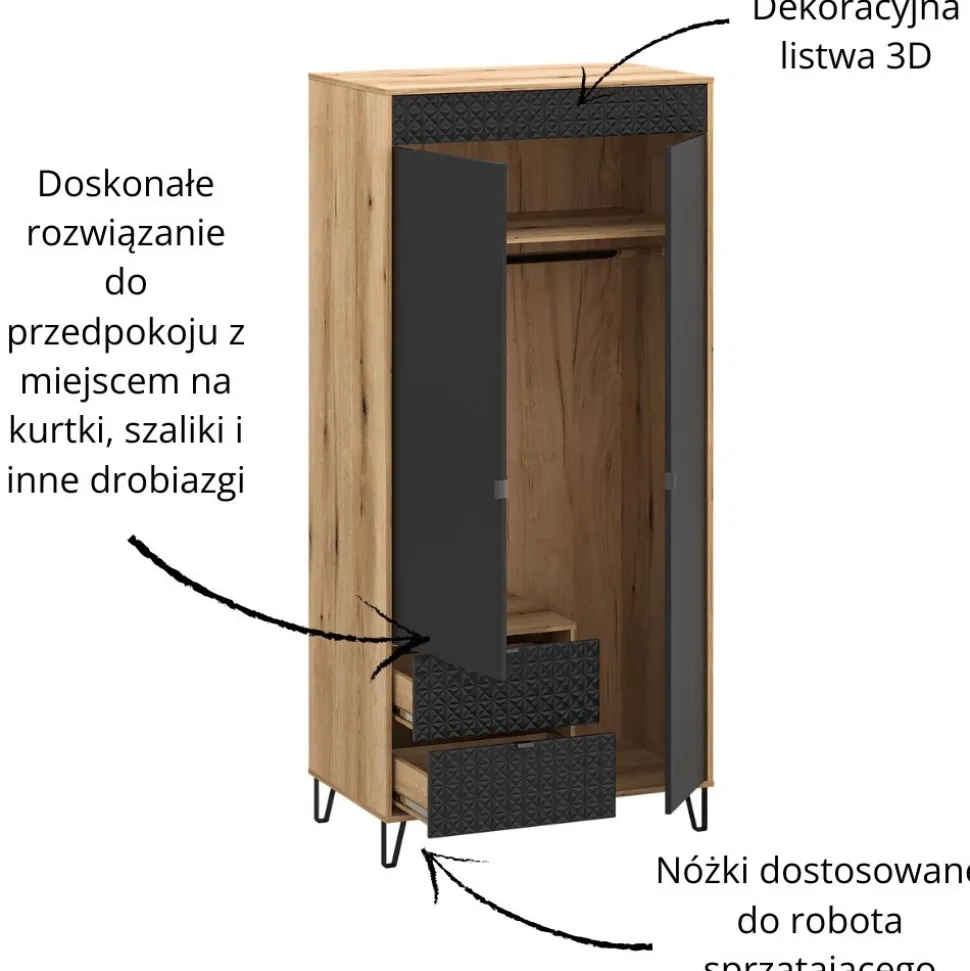 Dwudrzwiowa szafa z ryflowanymi frontami 2D2S Bellano