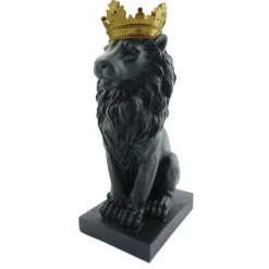 Figurka dekoracyjna dostojny czarny lew w złotej koronie na niskim postumencie Lion Black
