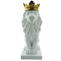 Figurka dekoracyjna dostojny biały lew w złotej koronie na niskim postumencie Lion White
