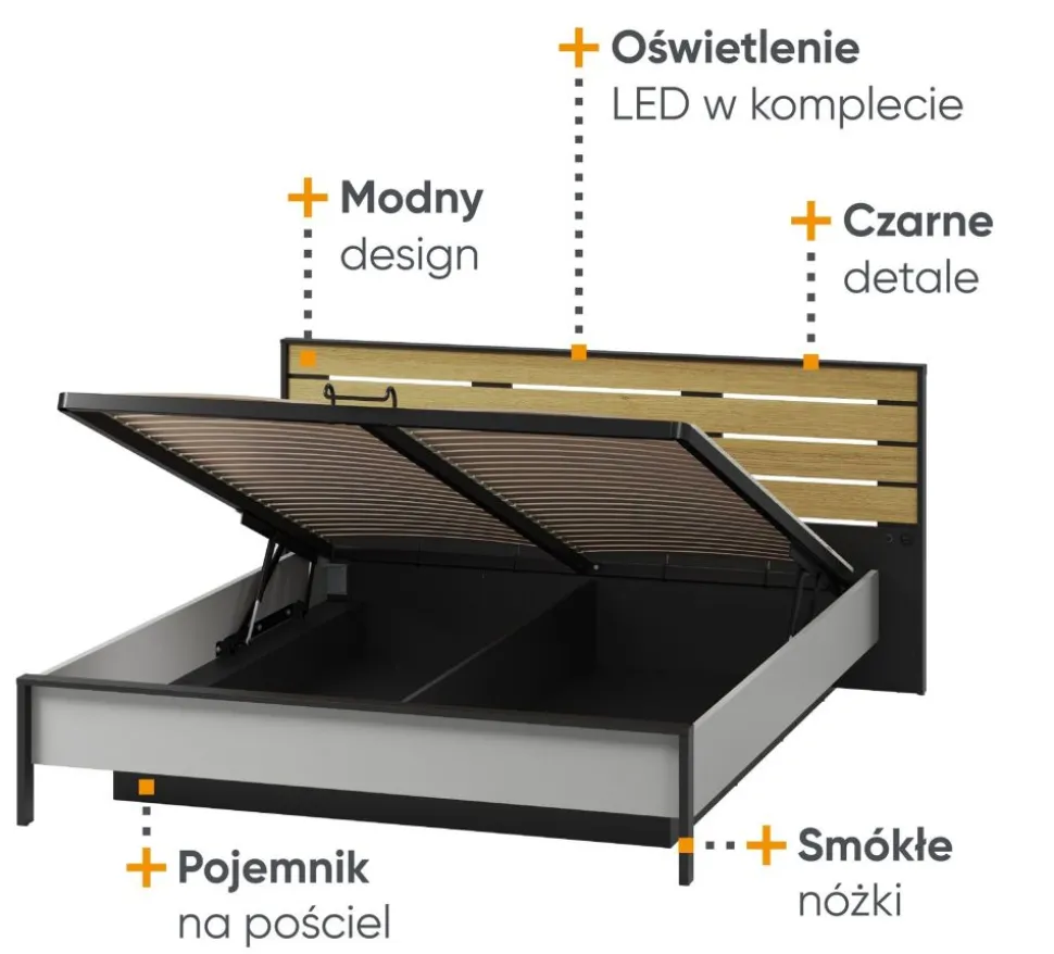 Łóżko 180x200 z pojemnikiem i oświetleniem Lenart Gris GS-02