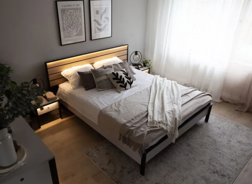 Łóżko 180x200 z pojemnikiem i oświetleniem Lenart Gris GS-02