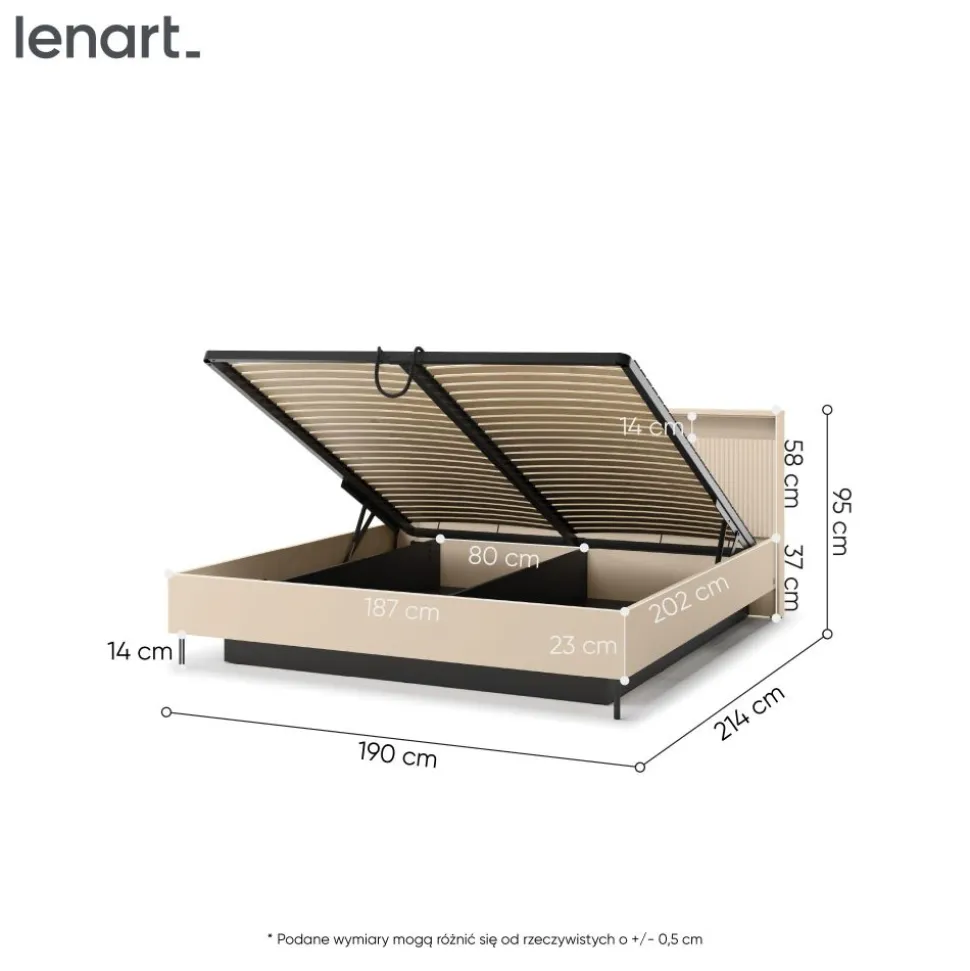 Łóżko z lamelami i oświetleniem do sypialni 180x200 Lenart TREND TS-03(180) Beż piaskowy + czarny