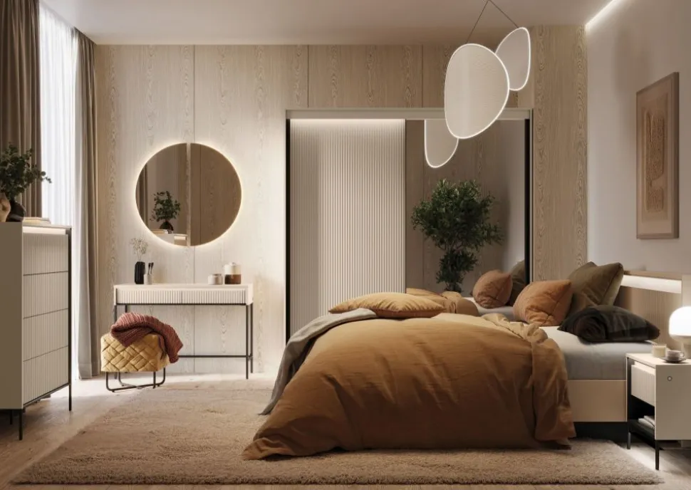 Łóżko z lamelami i oświetleniem do sypialni 180x200 Lenart TREND TS-03(180) Beż piaskowy + czarny