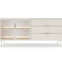 Komoda Lumi 2D3S – kaszmir / złote uchwyty / białe nóżki z oświetleniem LED i hartowanym szkłem