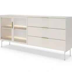 Komoda Lumi 2D3S – kaszmir / złote uchwyty / białe nóżki z oświetleniem LED i hartowanym szkłem