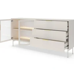Komoda Lumi 2D3S – kaszmir / złote uchwyty / białe nóżki z oświetleniem LED i hartowanym szkłem