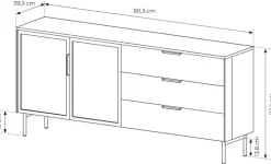 Komoda Lumi 2D3S – kaszmir / złote uchwyty / białe nóżki z oświetleniem LED i hartowanym szkłem