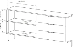 Komoda Lumi 2D3S – kaszmir / złote uchwyty / białe nóżki z oświetleniem LED i hartowanym szkłem