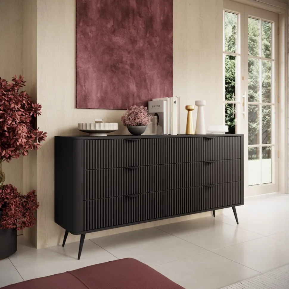 Komoda ryflowana z szufladami Lante 163 6S czarna
