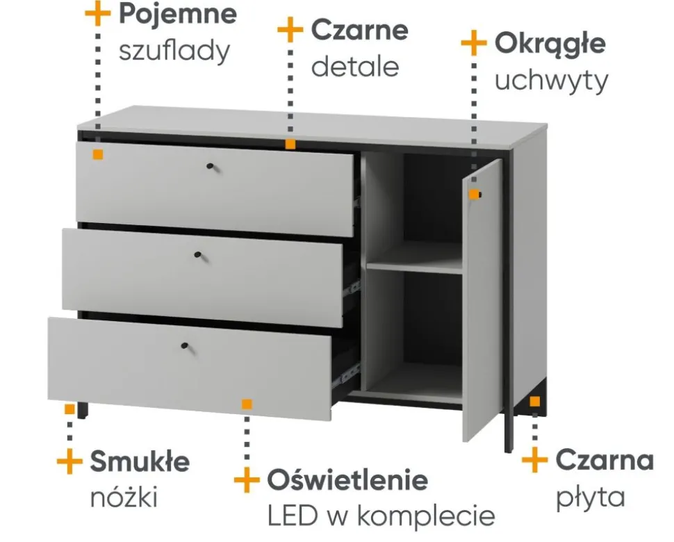 Komoda z szufladami i półkami szara Lenart Gris GS-04