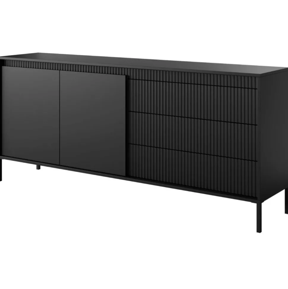 Komoda z szufladami ryflowana 187 cm szeroka Senso 2d3s czarna