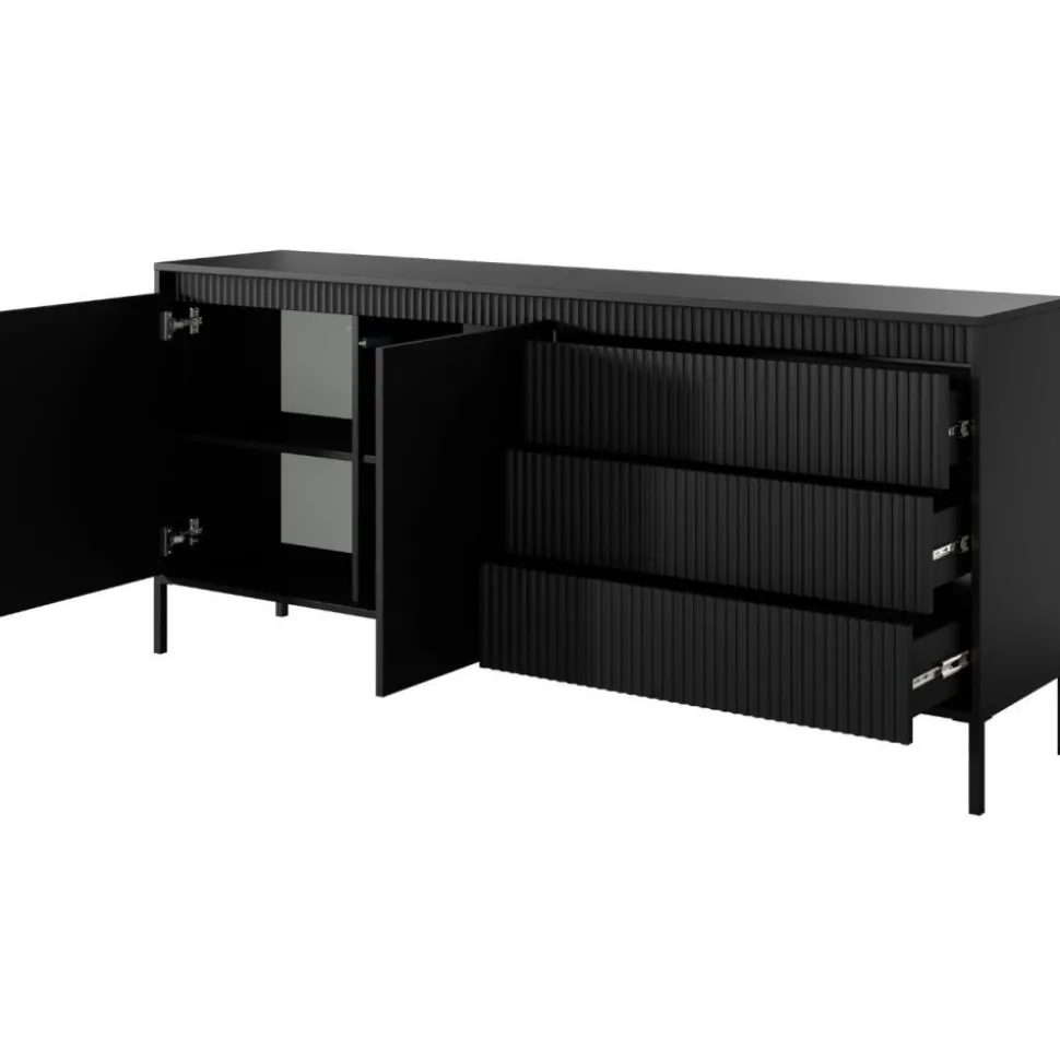 Komoda z szufladami ryflowana 187 cm szeroka Senso 2d3s czarna