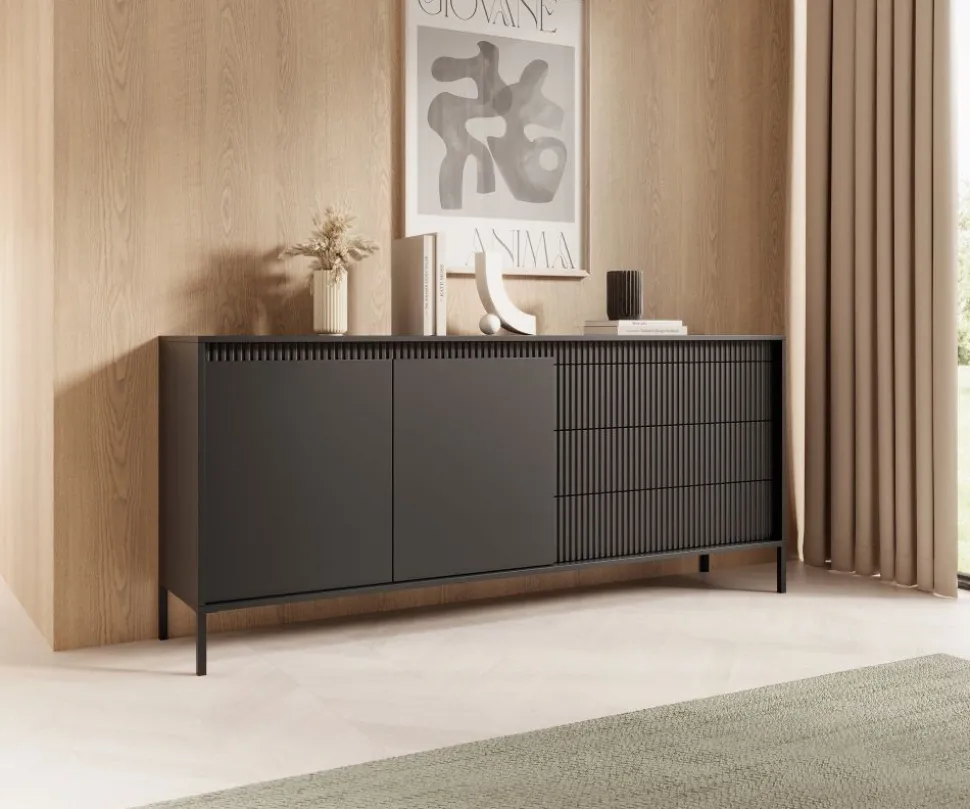 Komoda z szufladami ryflowana 187 cm szeroka Senso 2d3s czarna