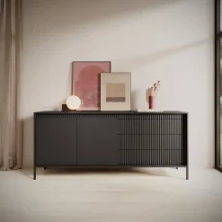 Komoda z szufladami ryflowana 187 cm szeroka Senso 2d3s czarna