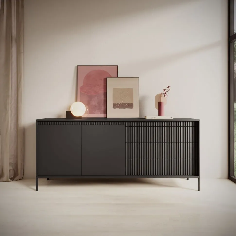 Komoda z szufladami ryflowana 187 cm szeroka Senso 2d3s czarna