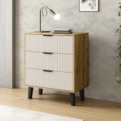 Komoda z trzema szufladami 3S, dąb artisan i kaszmirowe fronty BORG DUO
