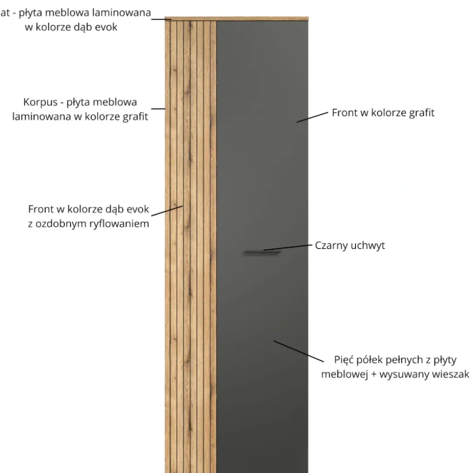 Kompaktowa szafa 40 cm – wąska szafa z 5 półkami grafit/dąb evok z lamelami