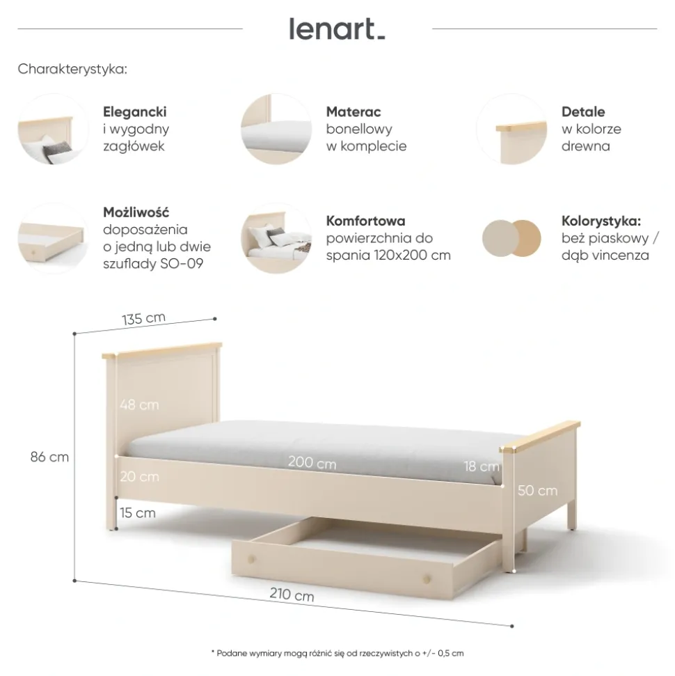 Lenart łóżko z materacem 120cm Story SO-17 beż piaskowy/dąb vincenza bielona
