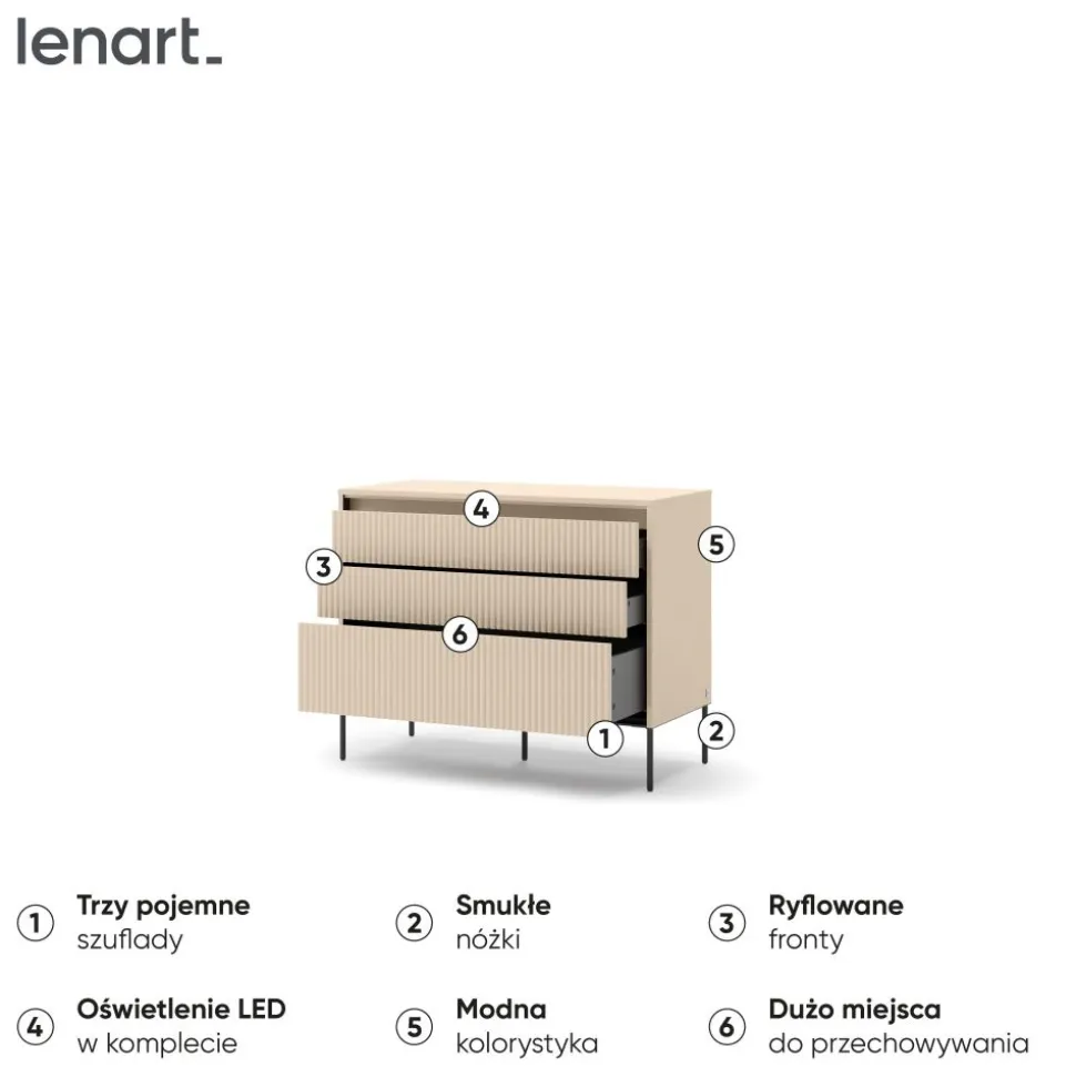 Mała komoda z oświetleniem do sypialni Lenart TREND TS-05 Beż piaskowy + czarny