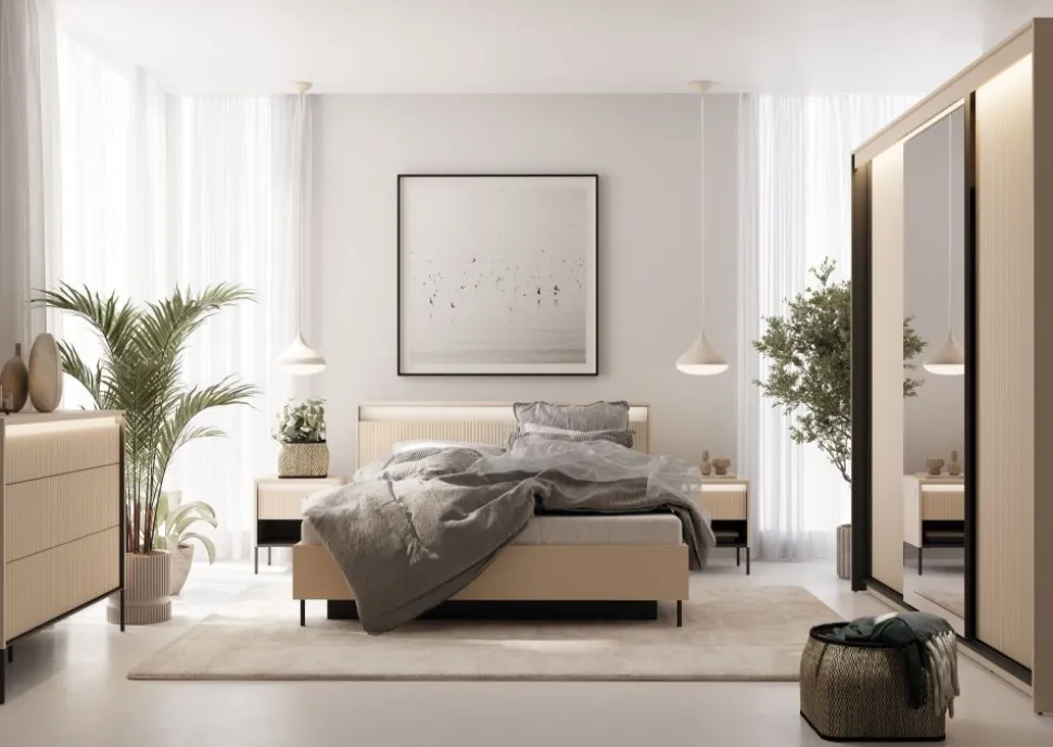 Mała komoda z oświetleniem do sypialni Lenart TREND TS-05 Beż piaskowy + czarny