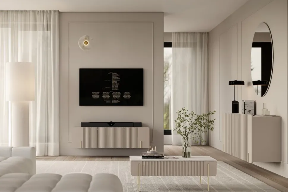MALMI Szafka RTV 150 2D1SZ - cashmere / crema bianca / złoty / wisząca