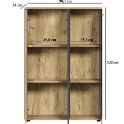 Niska witryna stojąca 132 cm Esteban – nowoczesna witryna ze szkłem hartowanym grafit/dąb evok