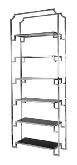 Regał Hyatt Silver 90/32/230 cm ze szklanymi półkami ekskluzywny designerski srebrny metalowy