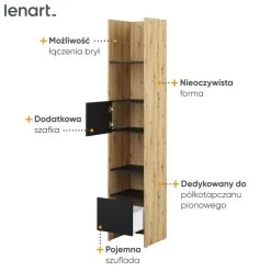 REGAŁ Z SZAFKĄ I PÓŁKAMI BC-23 DO PÓŁKOTAPCZANU CZARNY / DĄB ARTISAN 44x218 BED CONCEPT Lenart