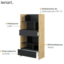 REGAŁ Z SZUFLADAMI BC-28 DO PÓŁKOTAPCZANU CZARNY / DĄB ARTISAN 92x178 BED CONCEPT Lenart