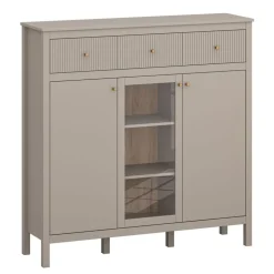 Skandynawska ryflowana komoda z witryną kolor taupe lamele KLEO KL-02