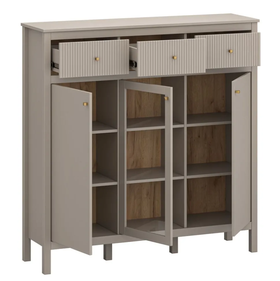 Skandynawska ryflowana komoda z witryną kolor taupe lamele KLEO KL-02