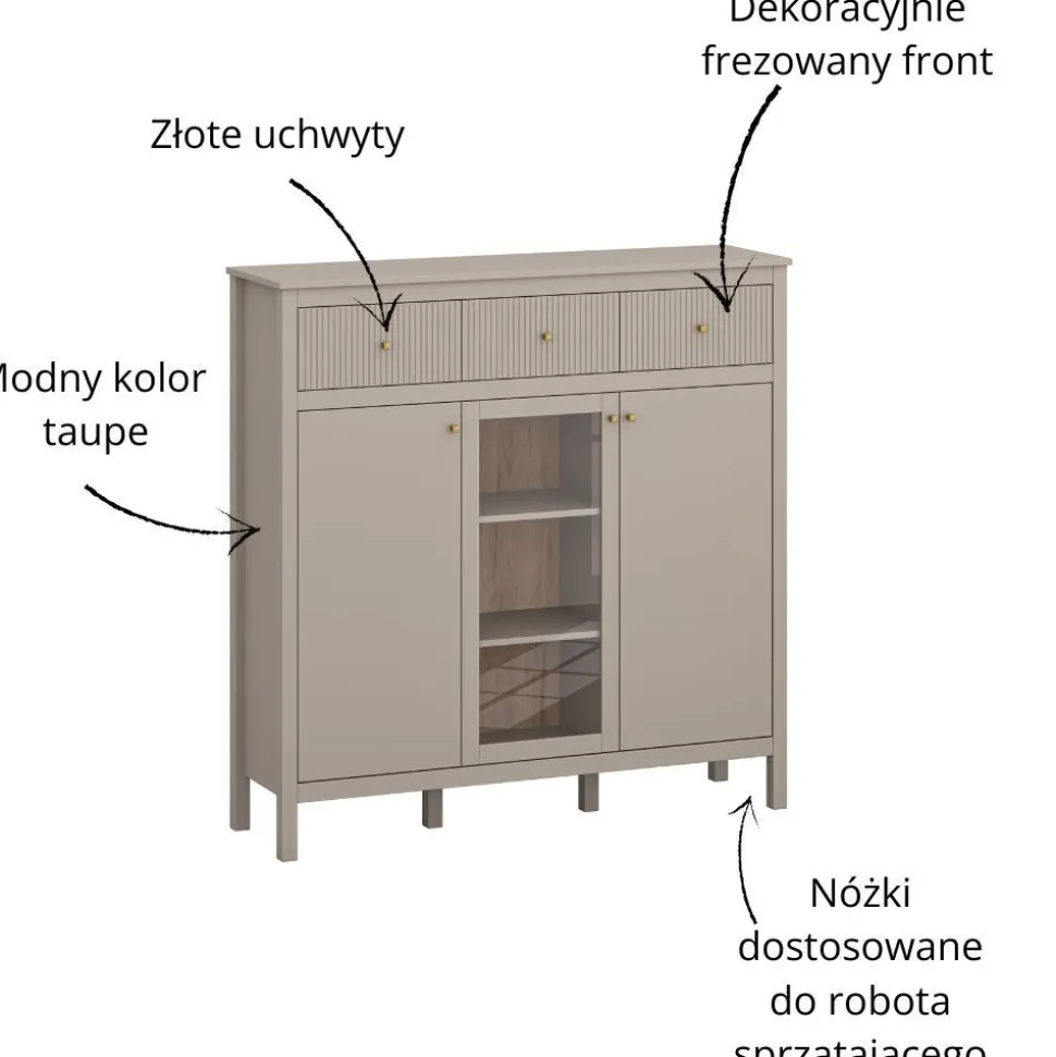 Skandynawska ryflowana komoda z witryną kolor taupe lamele KLEO KL-02