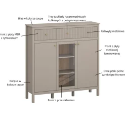 Skandynawska ryflowana komoda z witryną kolor taupe lamele KLEO KL-02