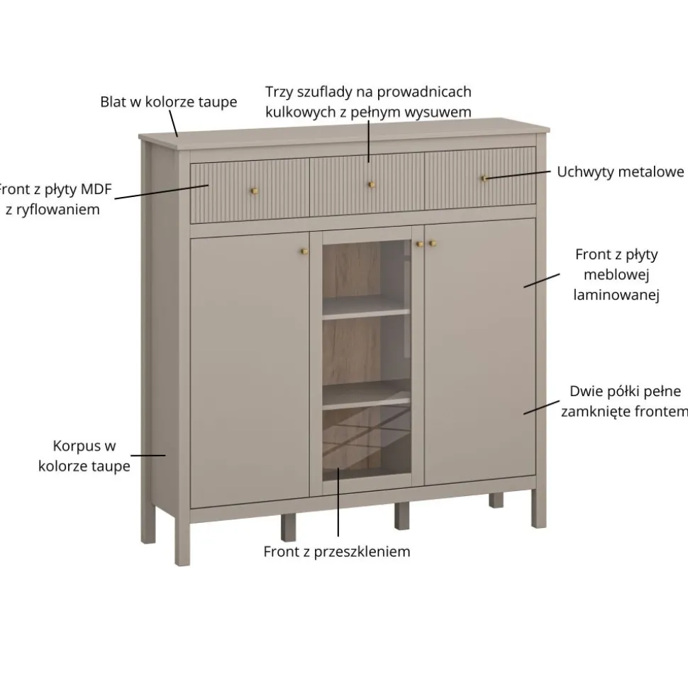 Skandynawska ryflowana komoda z witryną kolor taupe lamele KLEO KL-02