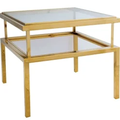 Stoliczek kawowy Janssen 55/55/65cm złoty z dwoma szklanymi kwadratowymi blatami