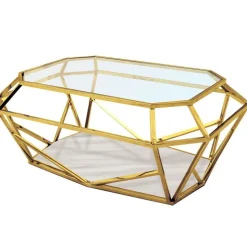 Stolik kawowy glamour Emerald 100/70/41cm złoty ze szklanym i marmurowym blatem