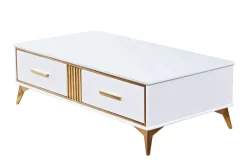 Stolik kawowy Laval glamour 130/70/41cm z białego szkła hartowanego o złotym wykończeniu