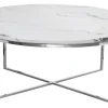 Stolik kawowy Pelio 90/90/42cm glamour z blatem z białego marmuru osadzony na srebrnym stelażu