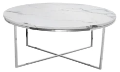 Stolik kawowy Pelio 90/90/42cm glamour z blatem z białego marmuru osadzony na srebrnym stelażu