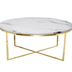 Stolik kawowy Pelio glamour z blatem z białego marmuru osadzony na złotym stelażu 90/90/42 cm