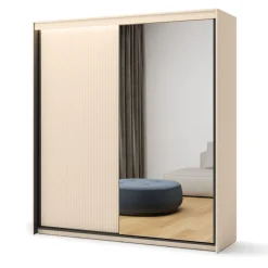 Szafa na ubrania z lustrem do sypialni 200x222cm Lenart TREND SYPIALNIA TS-01 Beż piaskowy + czarny