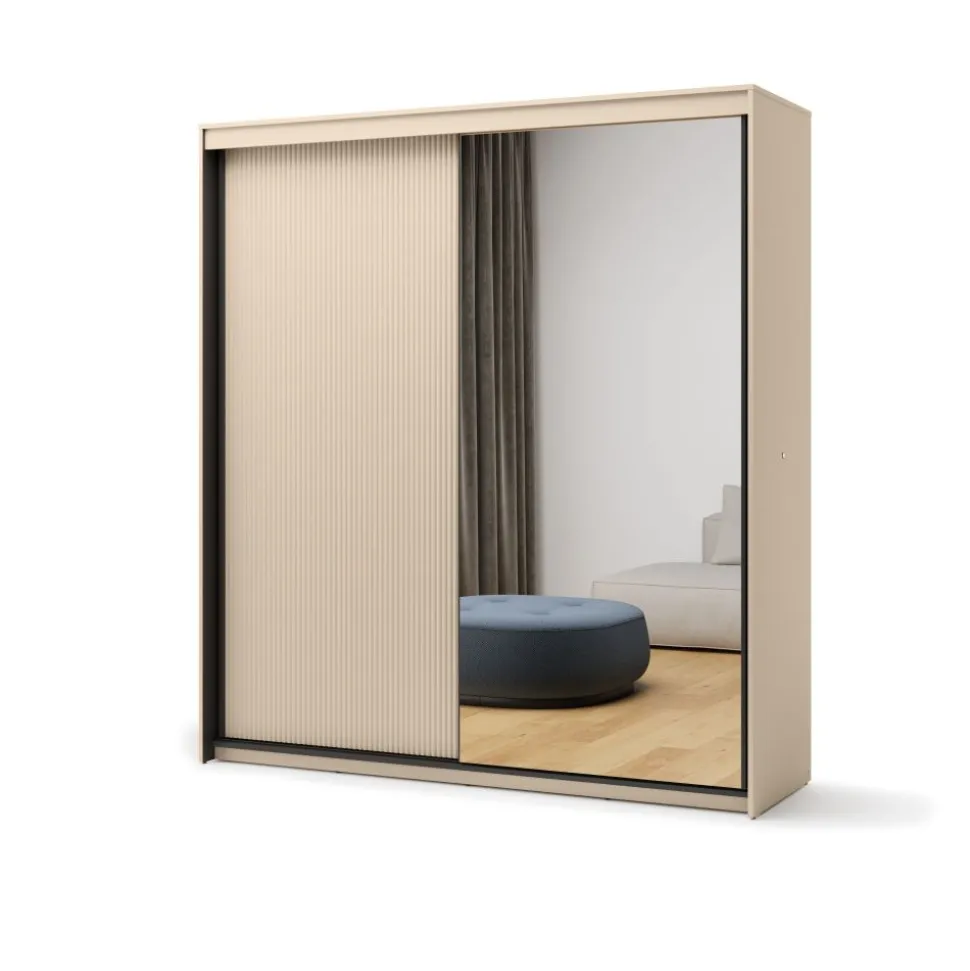 Szafa na ubrania z lustrem do sypialni 200x222cm Lenart TREND SYPIALNIA TS-01 Beż piaskowy + czarny