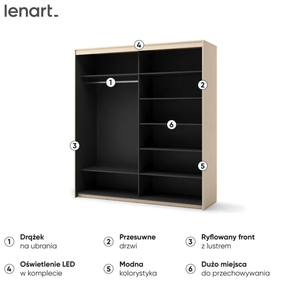 Szafa na ubrania z lustrem do sypialni 200x222cm Lenart TREND SYPIALNIA TS-01 Beż piaskowy + czarny