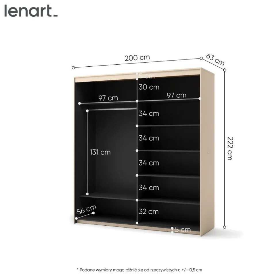Szafa na ubrania z lustrem do sypialni 200x222cm Lenart TREND SYPIALNIA TS-01 Beż piaskowy + czarny