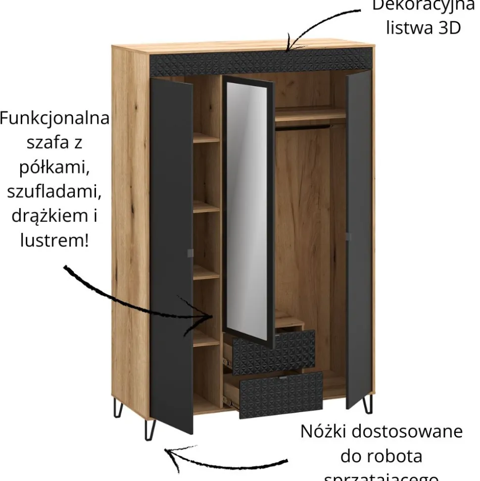 Szafa trzydrzwiowa z lustrem 3D2S Bellano