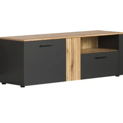 Szafka RTV Esteban 150 cm – nowoczesna szafka grafit/dąb evok z szufladą i wnęką